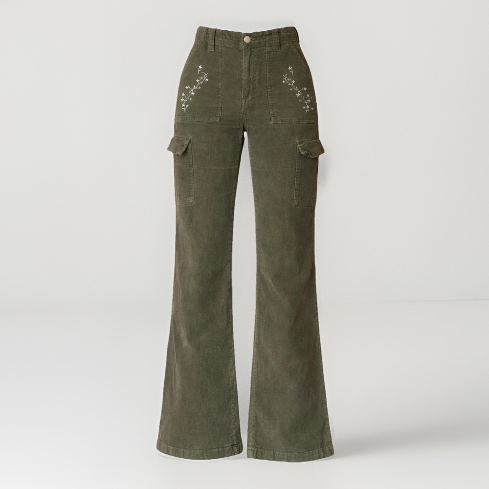 Vintage Jordache Corduroy Cargo Pants Green Embroidered Floral Y2K 9/10 90s